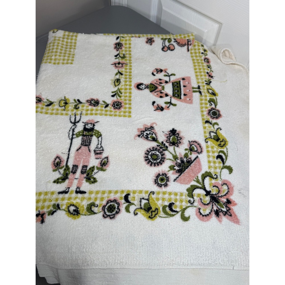 VTG Dutch Folk Art Terry Cloth Tablecloth Pink Green Gingham Farmer Rooster 70s